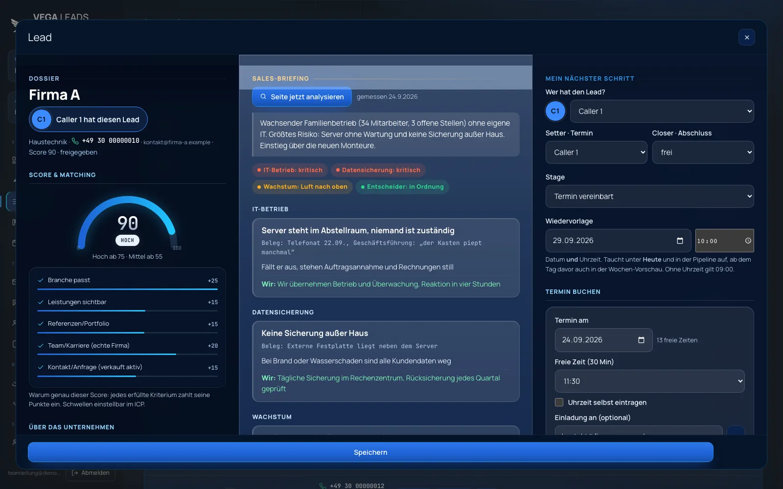 Vega-Cockpit: ein Lead mit Score 90, Begründung und Briefing fürs Gespräch