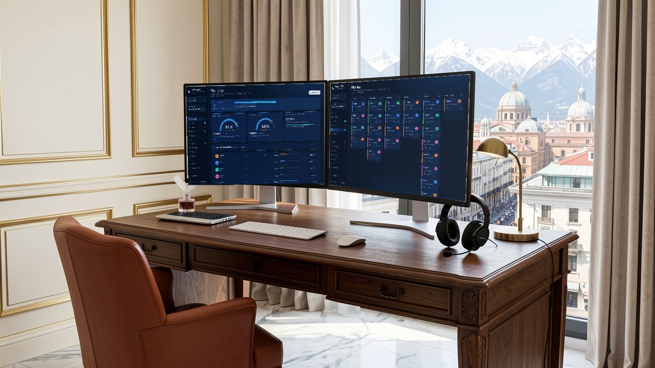 Büro hoch über der Stadt mit Blick auf die Berge, auf zwei Monitoren läuft das Vega-Cockpit