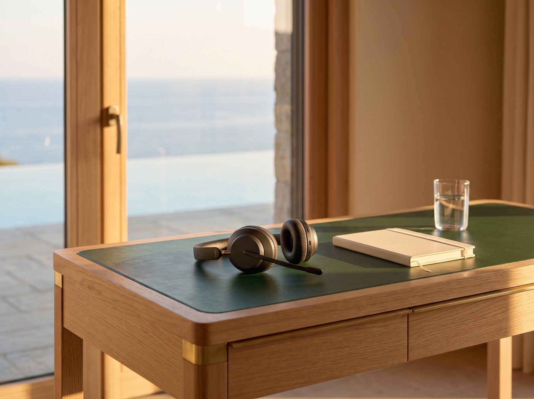 Headset mit Mikrofon auf einem grünen Ledertisch in der Abendsonne