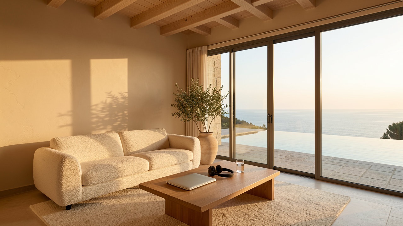 Helles Wohnzimmer mit Bouclé-Sofa, Olivenbaum und Blick über den Pool aufs Meer in der Abendsonne