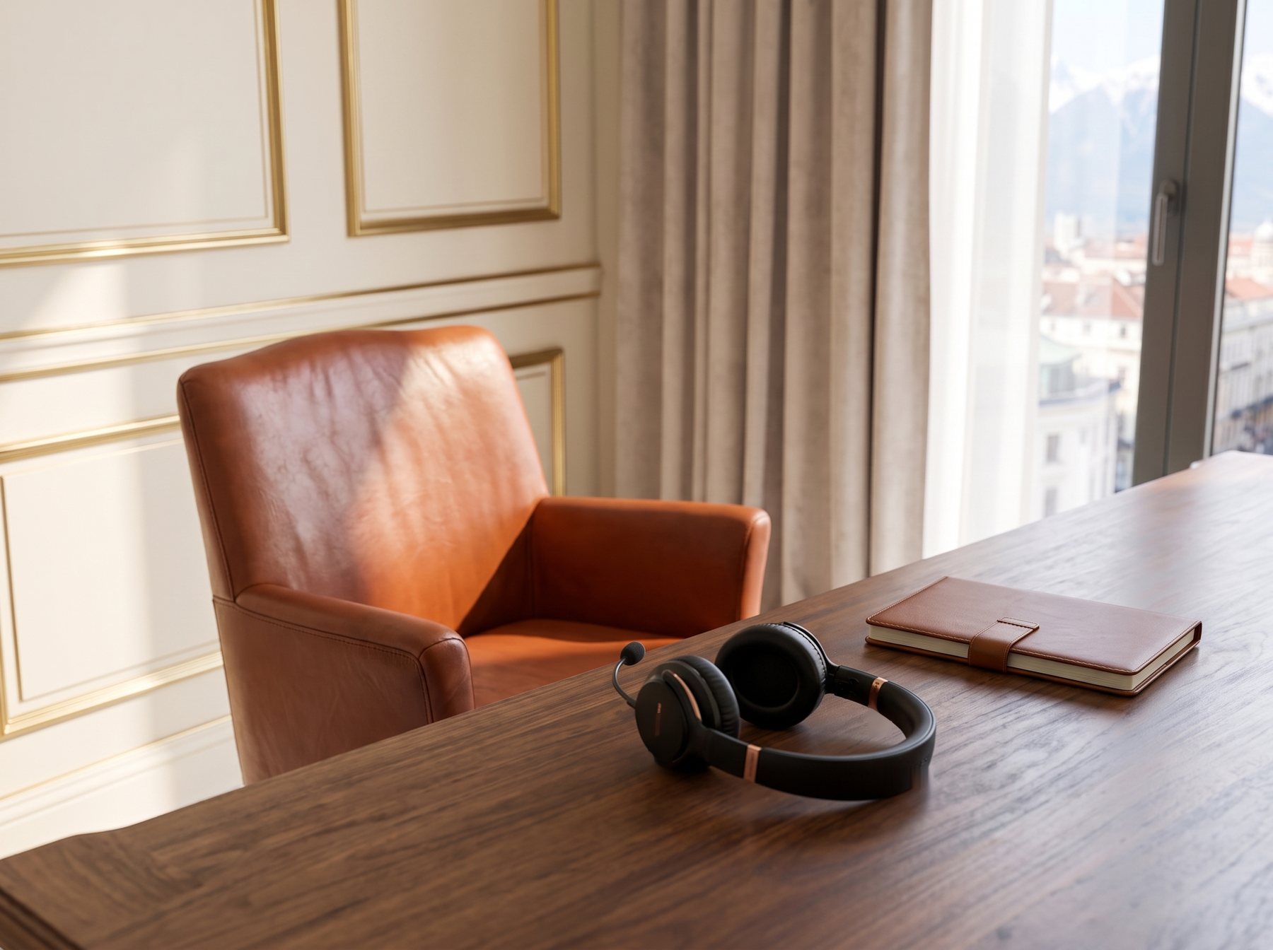 Leerer Ledersessel an einem Schreibtisch aus Nussbaum, daneben ein Headset