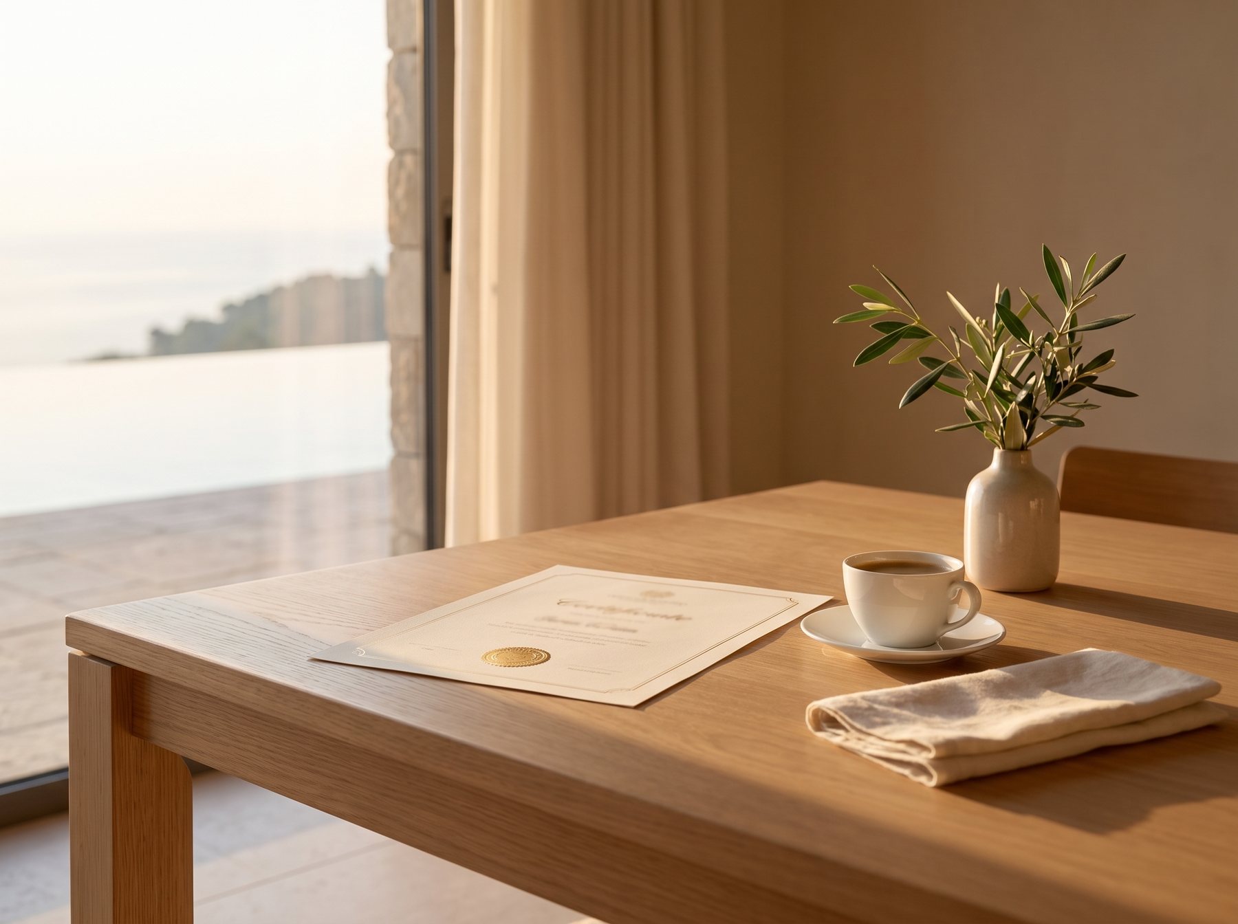 Zertifikat mit Goldsiegel und eine Tasse Kaffee auf einem Tisch aus hellem Holz im Morgenlicht, dahinter das Meer
