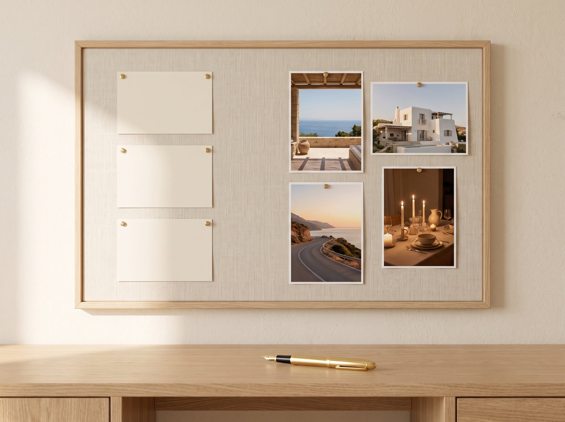 Gerahmtes Vision Board mit drei handgeschriebenen Zielen und Fotos von Meer, Villa, Küstenstraße und einem gedeckten Tisch