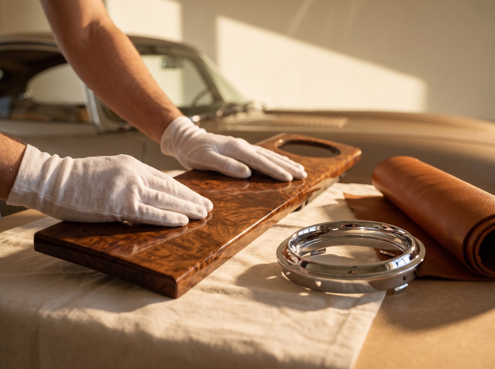 Hände in weißen Baumwollhandschuhen polieren eine Armaturentafel aus Wurzelholz für einen Oldtimer, daneben ein Chromring und eine Rolle Leder